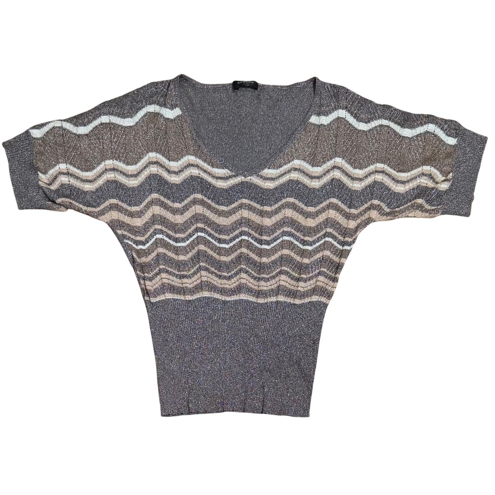 Spense Women's Metallic Chevron Silk Blend V-Neck Gray Brown Knit Top size Med